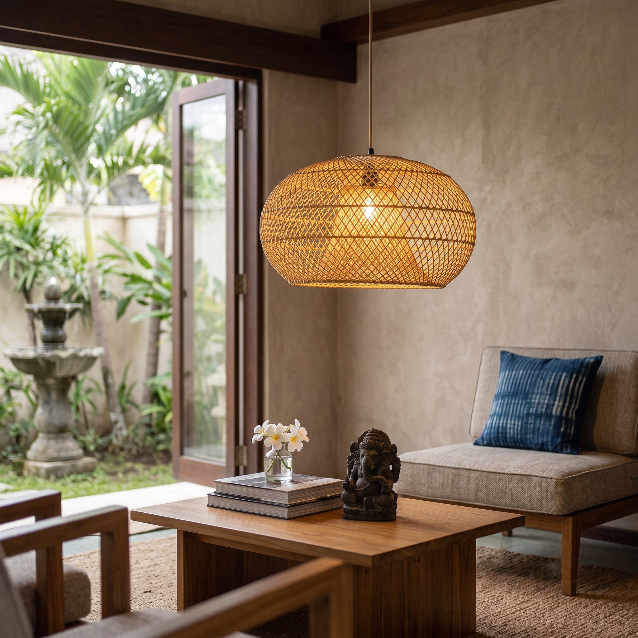 Handgeflochtener Rattan / Bambus Lampenschirm im Bali-Stil