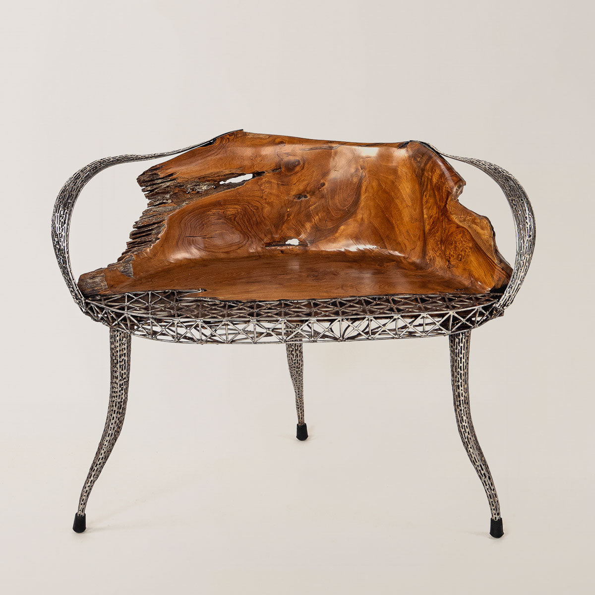 Design-Sessel Teakholz mit Stahlgestell – handgefertigter ArtSessel in Natur-Optik, exklusives Unikat