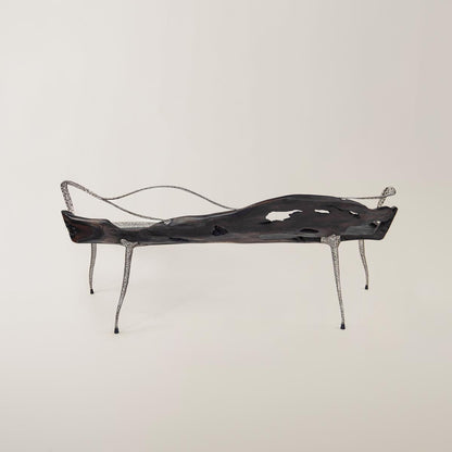 Schwarze Teakholz Designerbank mit Stahlgestell – stilvolle Longbench als einzigartiges Wohnaccessoire